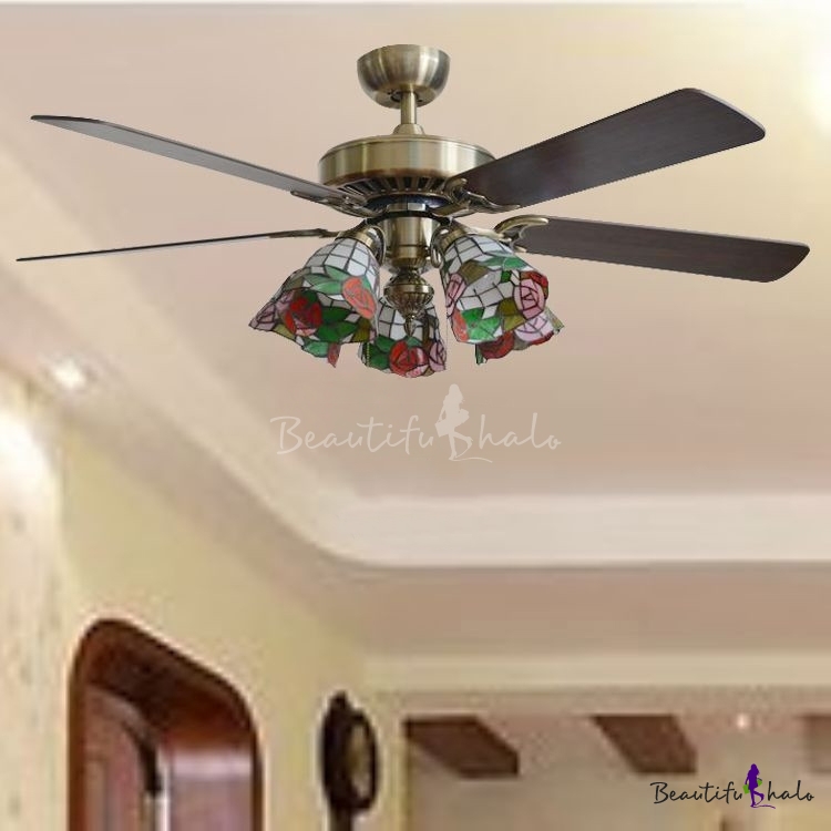 5 Lights Floral Ceiling Fan Rustic Stained Glass Semi Flush Mount Light With Blade For