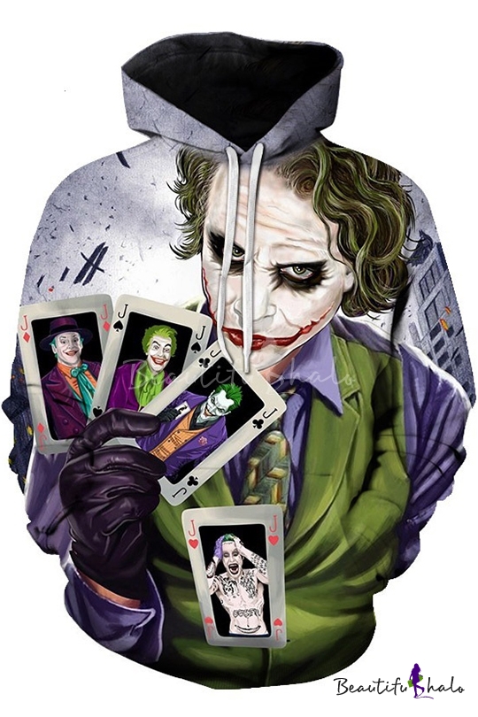 Cool Clown Jack Poker Card Printed Long Sleeve Casual Sport Hoodie ...