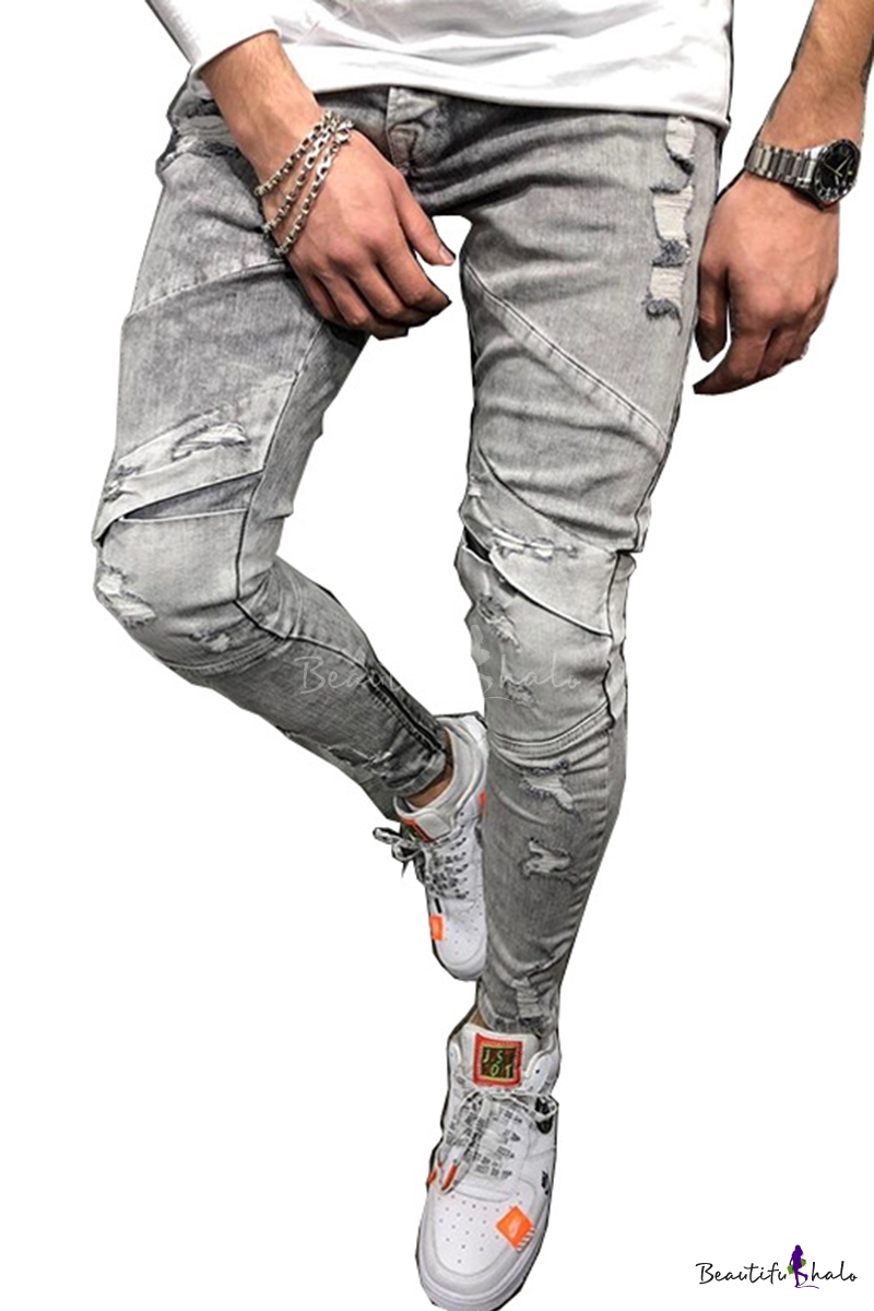 Men's New Stylish Light Grey Denim Washed Slim Ripped Biker Jeans ...