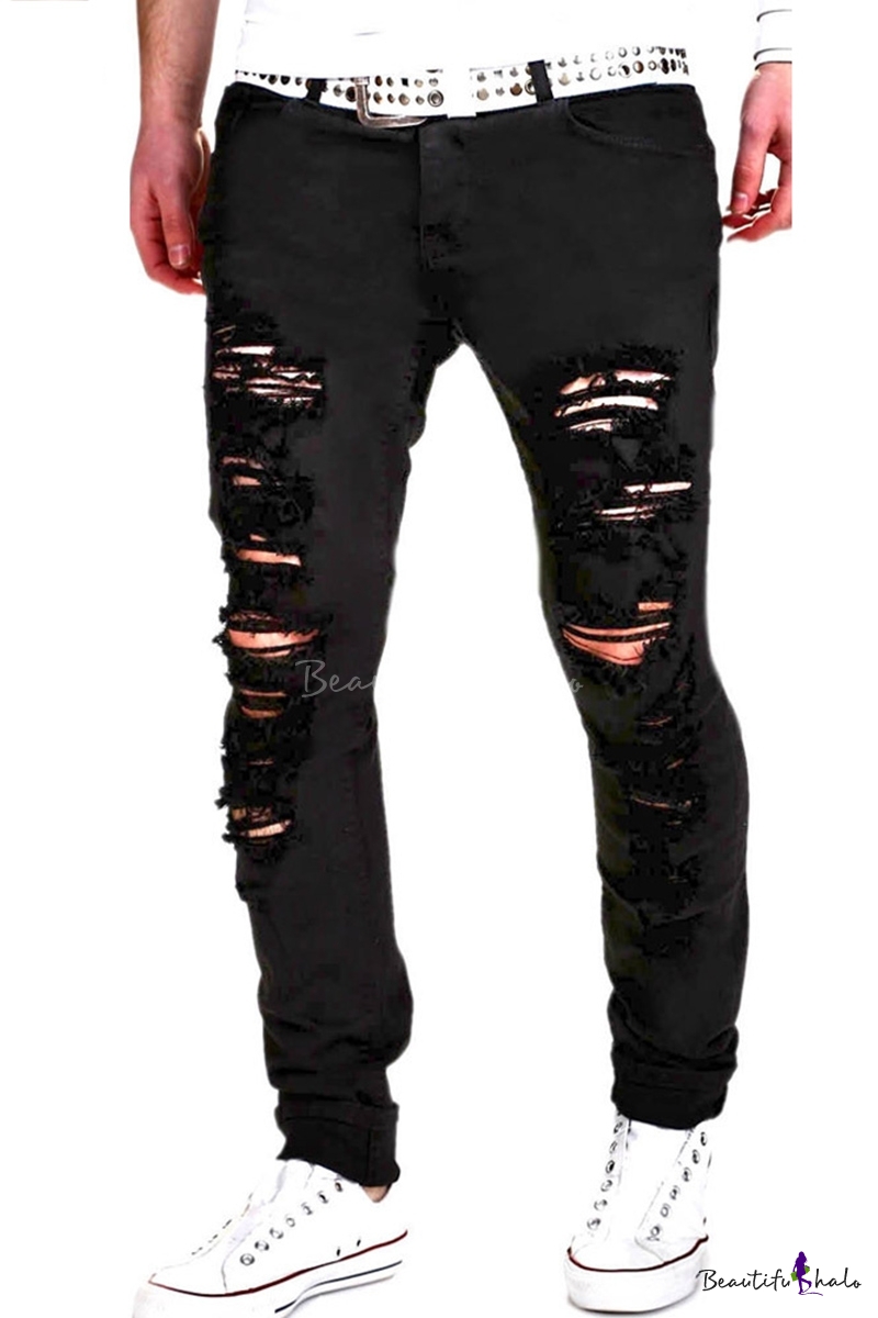 Popular Fashion Simple Plain Knee Cut Men's Black Casual Ripped Skinny ...