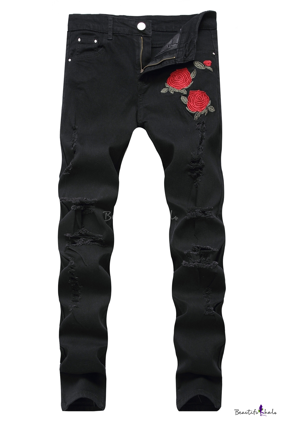 black ripped jeans with roses