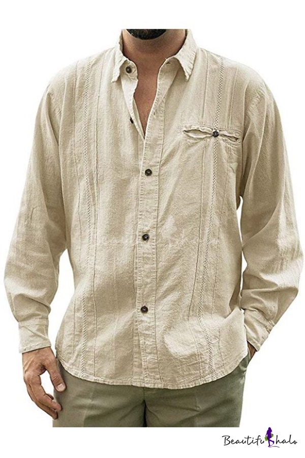 Fubotevic Mens Cotton Linen Long Sleeve Casual Business Solid Button Down Shirt 