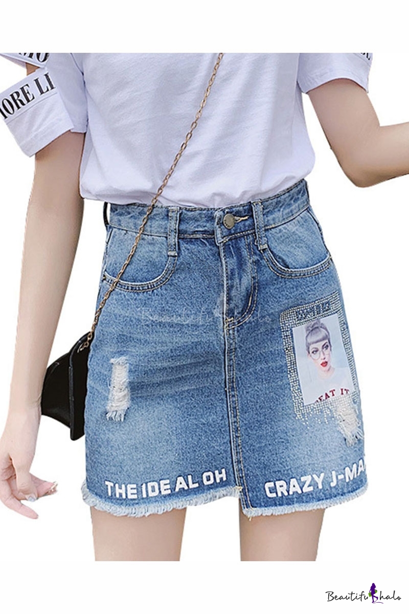 Womens Stylish Ripper Hole Letter Cartoon Print Tassel Asymmetric Hem High Waist Mini A Line 4935