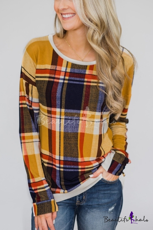 Womens Hot Popular Yellow Plaid Printed Basic Round Neck Long Sleeve ...