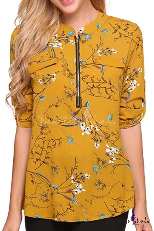 Hot Stylish Floral Print Stand Collar Zip-Front Faux Pockets Long 