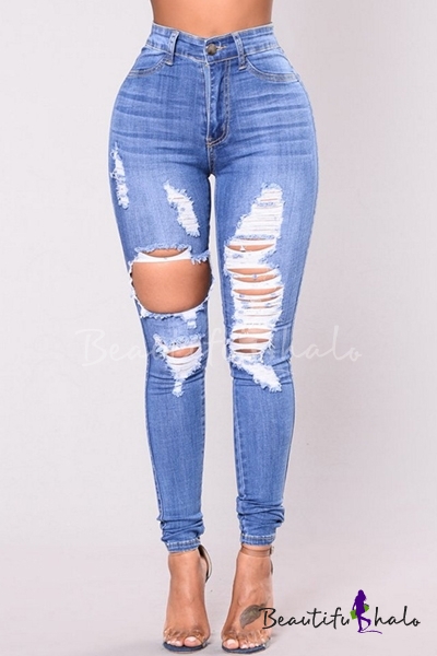 Womens Trendy Destroyed Ripped Hole Stretch Fit Light Blue Skinny Jeans Beautifulhalo Com