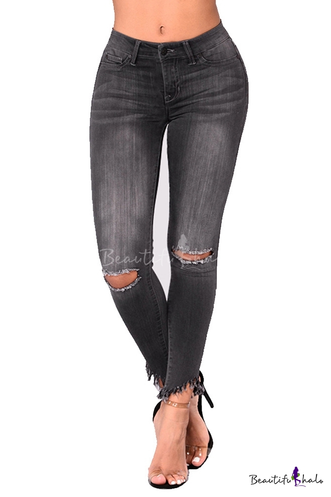 black ripped knee jeans womens