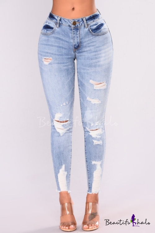 Womens Fashion Light Blue Destroyed Ripped Slim Fitted Denim Jeans Beautifulhalo Com