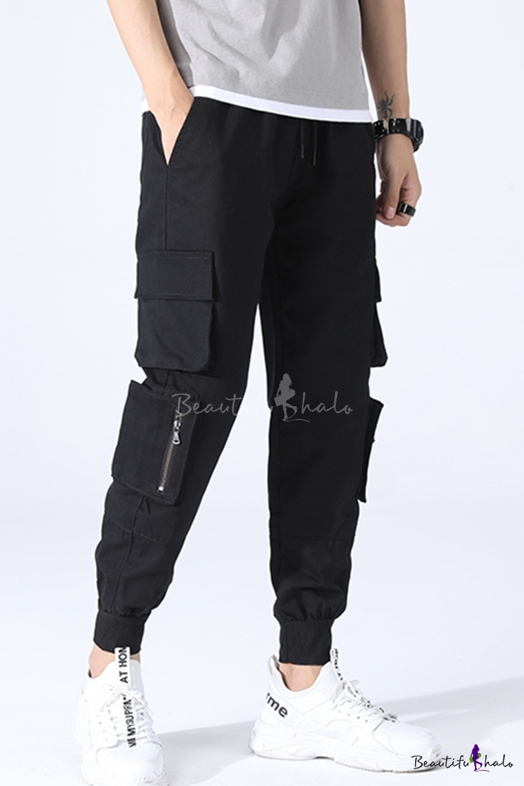 Men's Casual Solid Color Multi-pocket Design Drawstring Waist Elastic ...