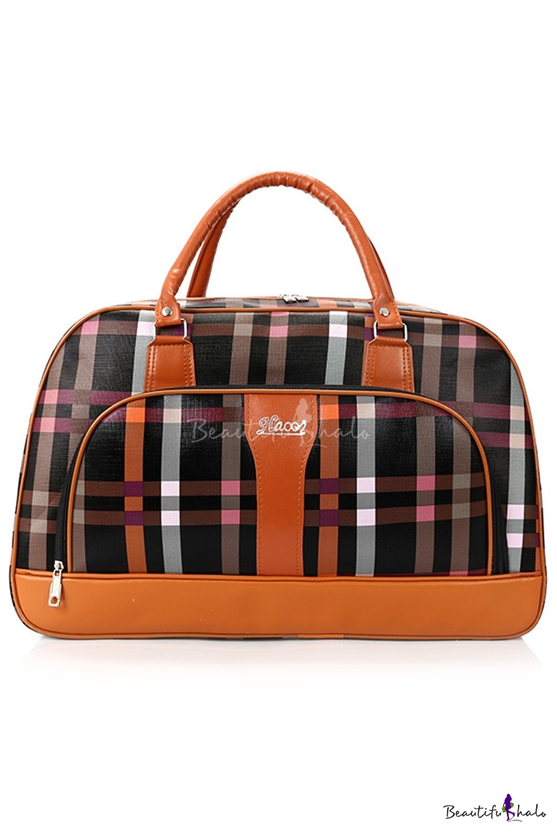 Fashion Classic Colorblock Stripe Plaid Pattern PU Leather Travel Handbag 50*21*32 CM 
