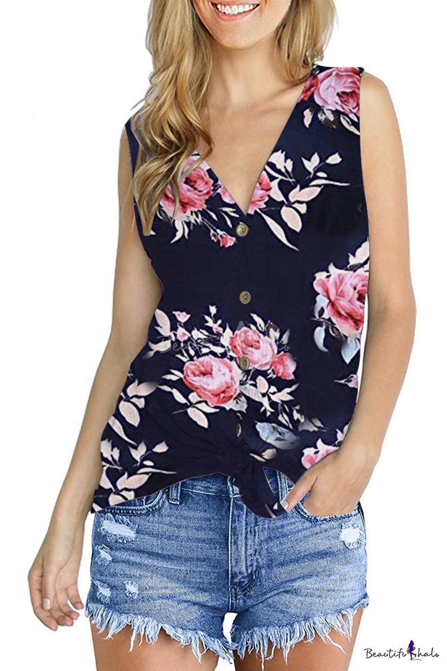 Summer Stylish Chic Floral Printed V-Neck Sleeveless Knotted Hem Loose ...