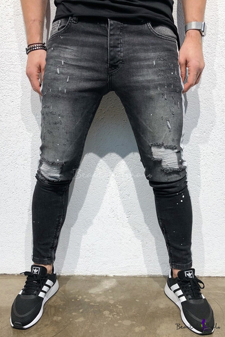 Men's New Fashion Stripe Patched Black Skinny Ripped Jeans ...