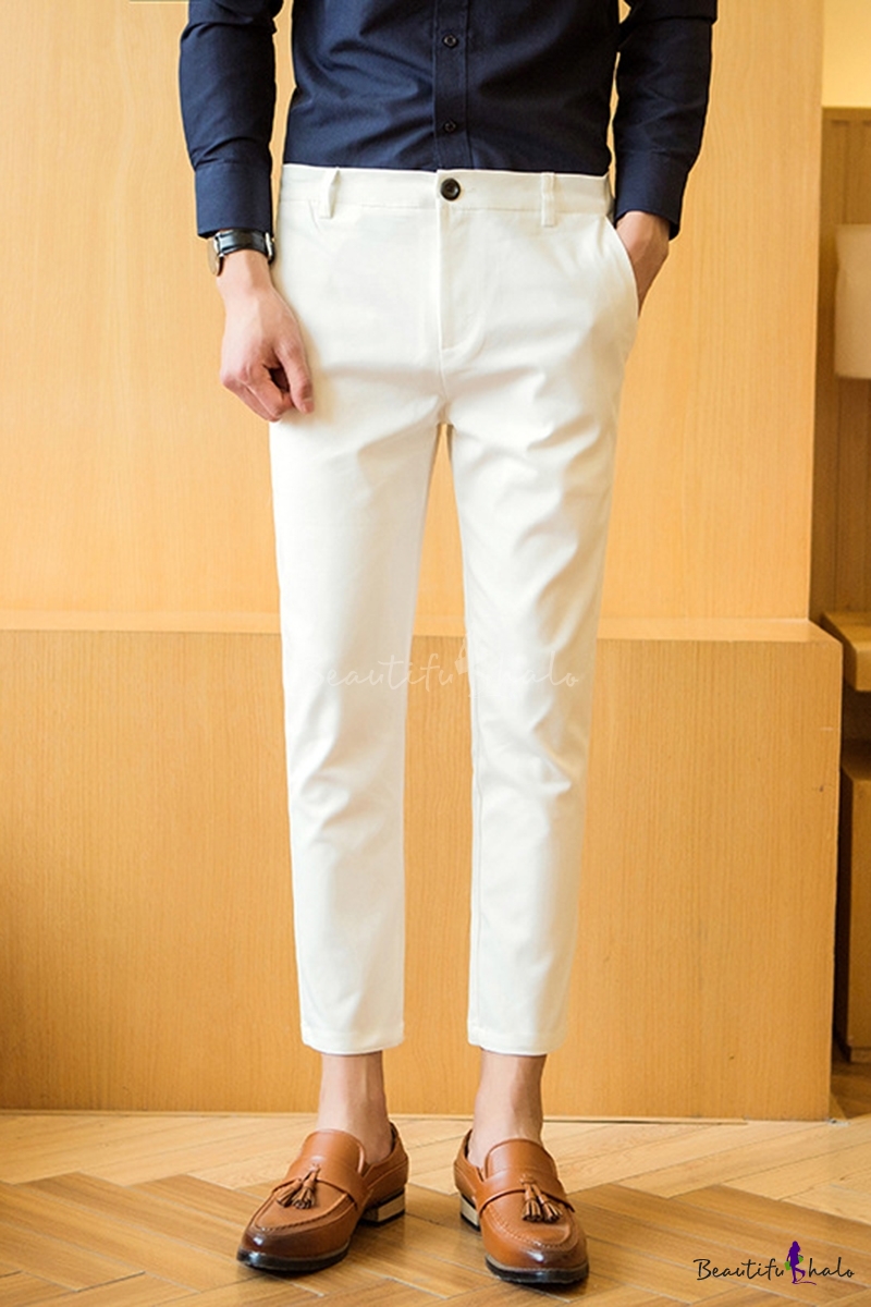 Men's New Fashion Simple Plain Slim Fit Casual Cropped Dress Pants ...