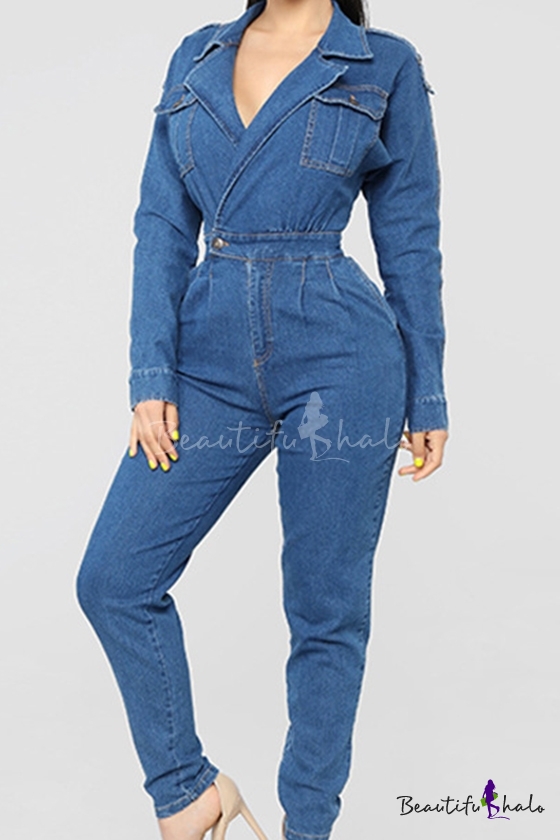 Womens Lapel Collar Long Sleeve Gather Waist Washed Flap Pocket Denim Jumpsuits Beautifulhalo Com