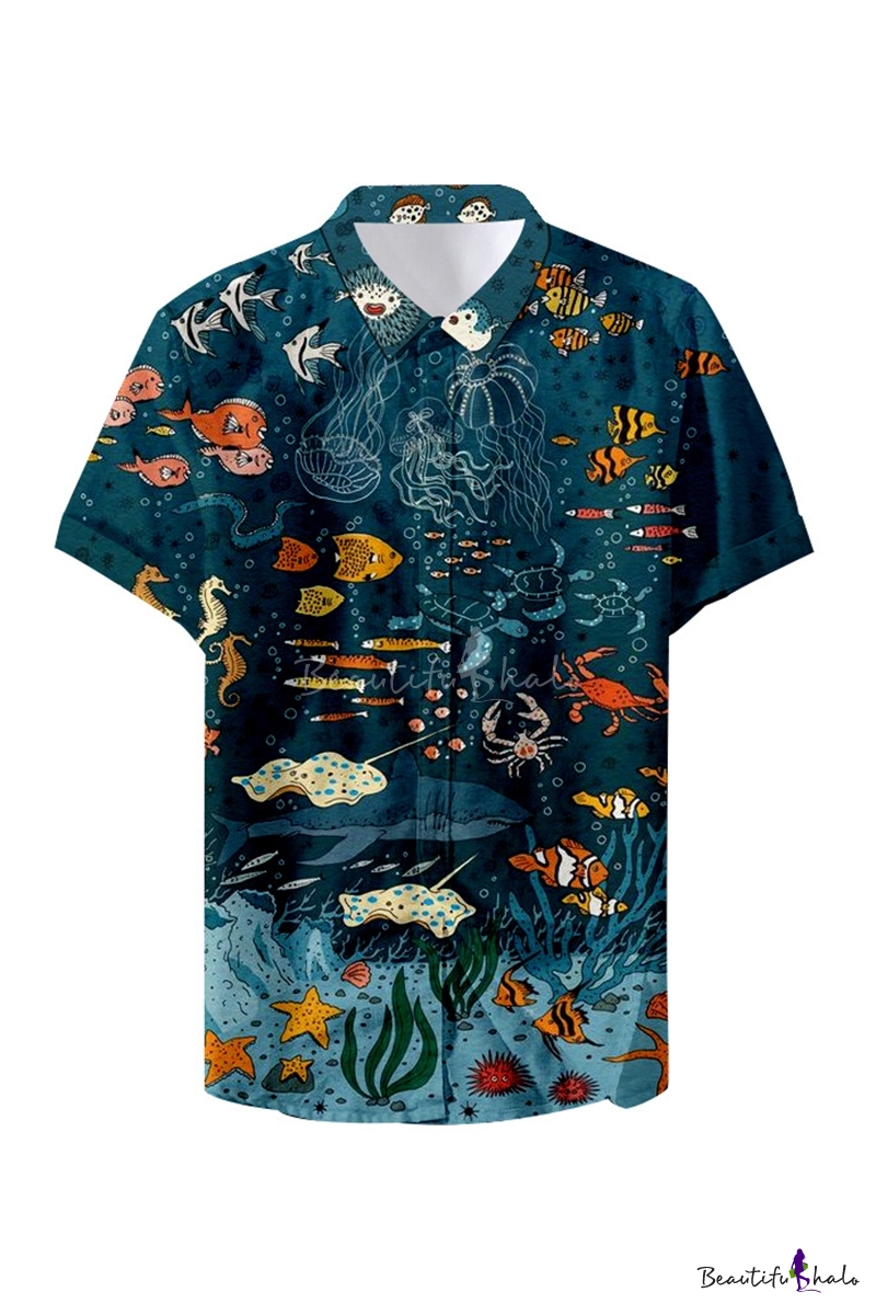 Mens New Trendy Cool Ocean Pattern Basic Short Sleeve Button Up Beach ...