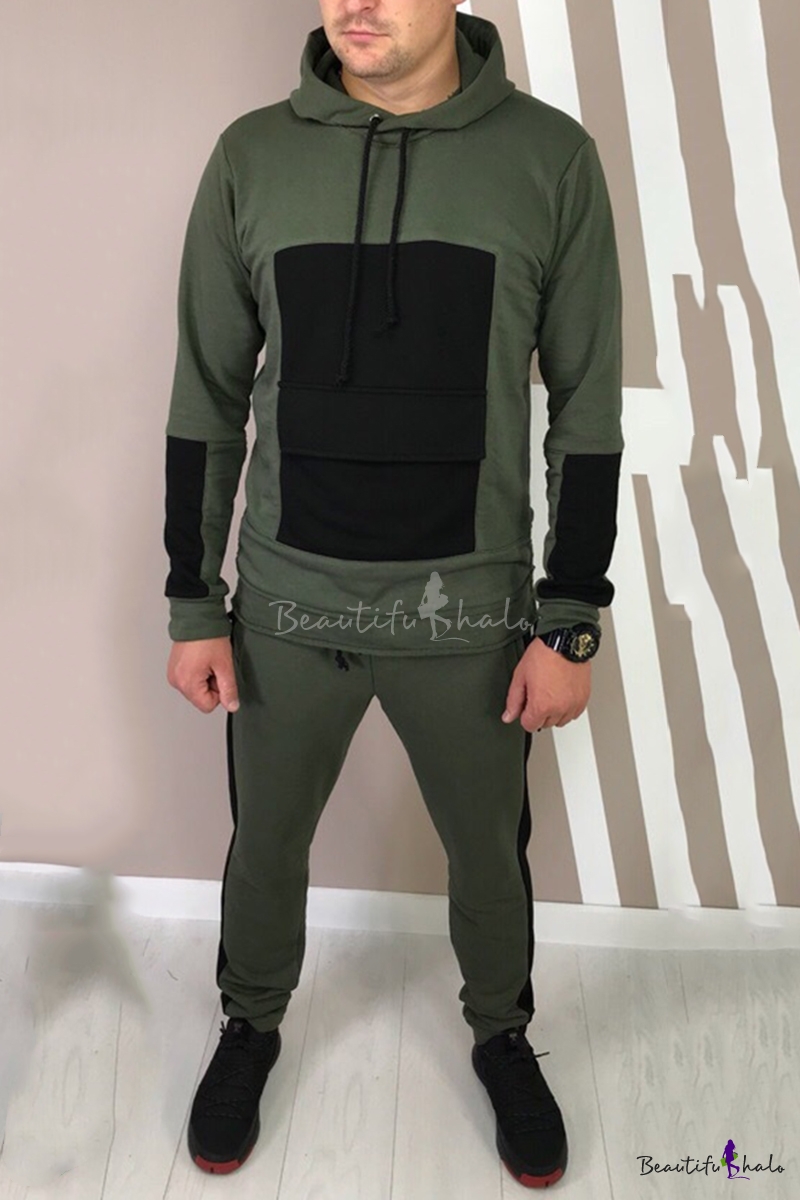 SFE Mens PU Leather Tracksuit 2 Piece Fashion Hoodie Patchwork Sweatshirt with Pocket & Slim Fit Casual Sweatpants Sets