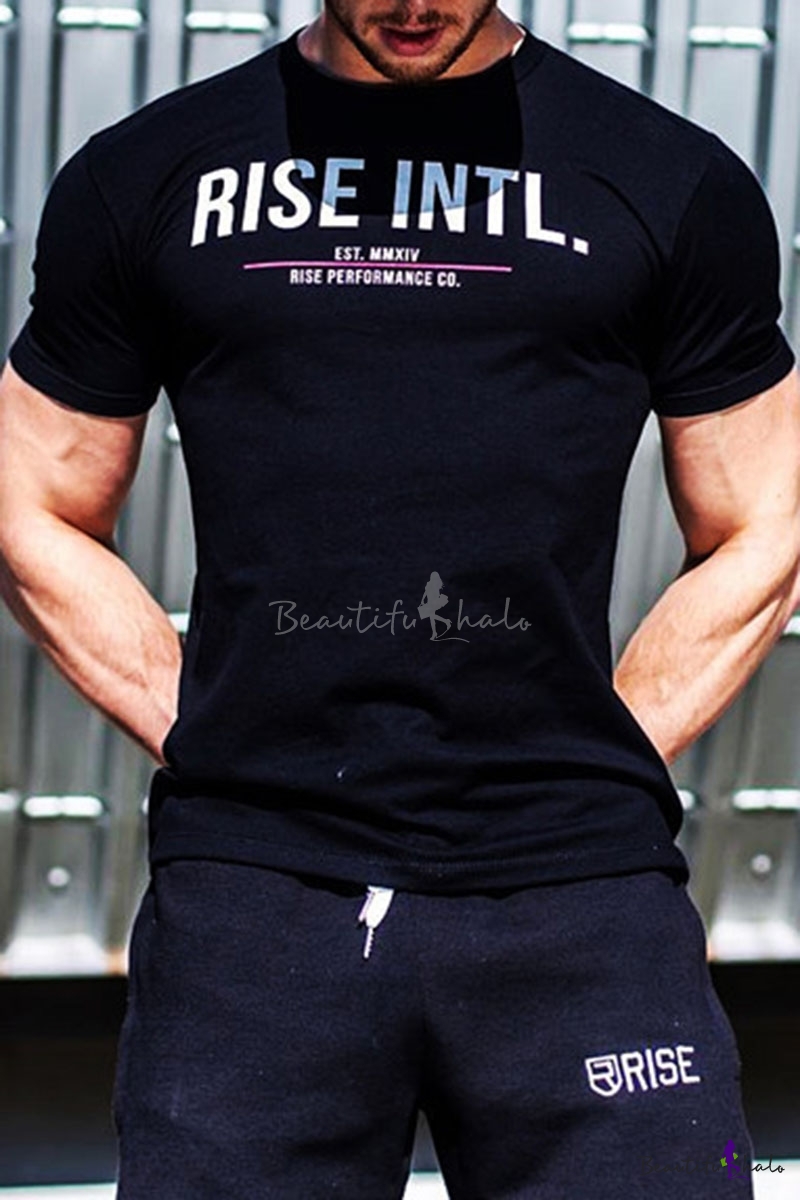 Rise Intl Letter Printed Short Sleeve Round Neck Slim Fit Sport Cotton Tee 