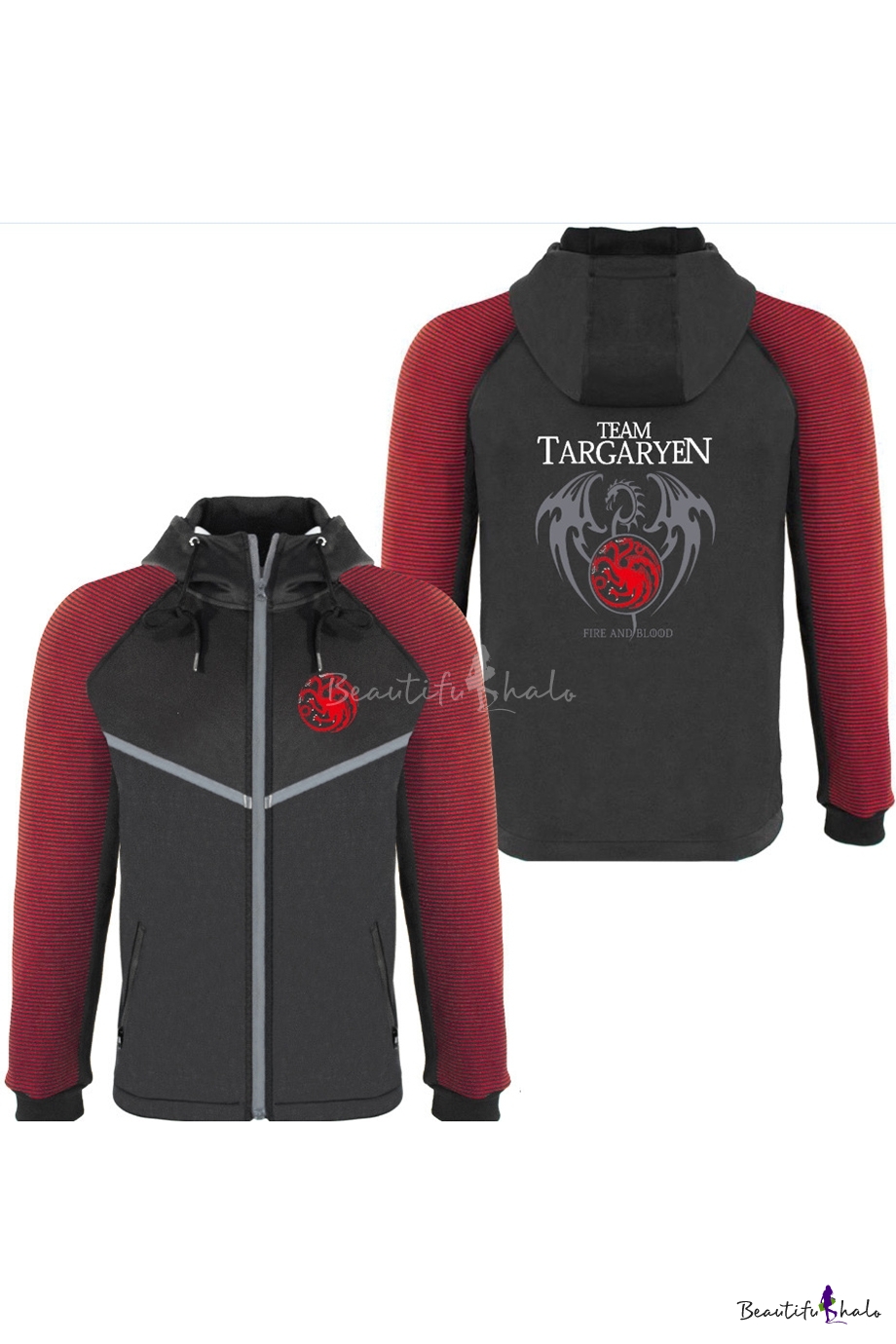 Letter Targaryen Dragon Print Zip Closure Long Sleeve Hooded Black Baseball Jacket Beautifulhalo Com