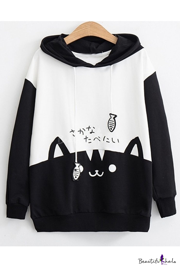 New Arrival Long Sleeve Colorblock Patch Cat Fish Printed Casual Loose ...