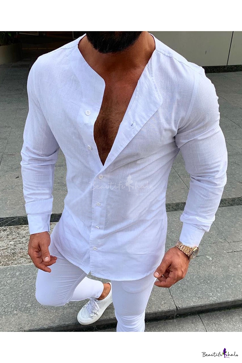 Fllay Mens Casual Linen Solid Long Sleeve Button Front Dress Work Shirt 