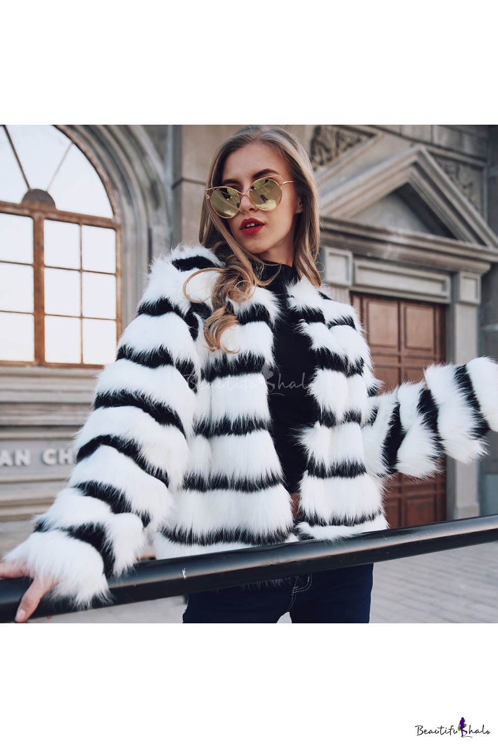 black and white furry jacket