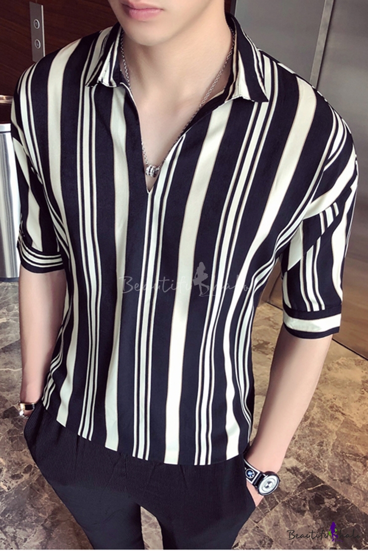 Men's Hot Fashion Striped Printed Half Sleeve Casual Black And White ...