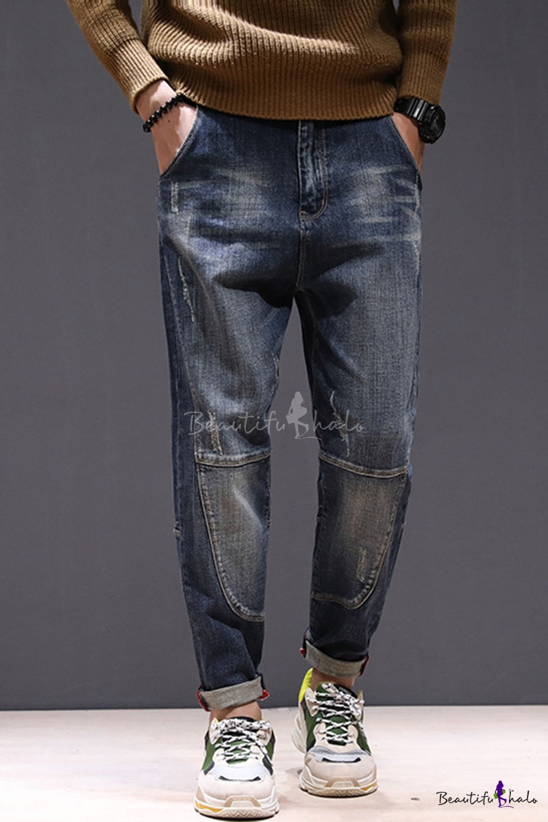 Men's Popular Fashion Dark Blue Washed Regular Fit Distressed Jeans ...