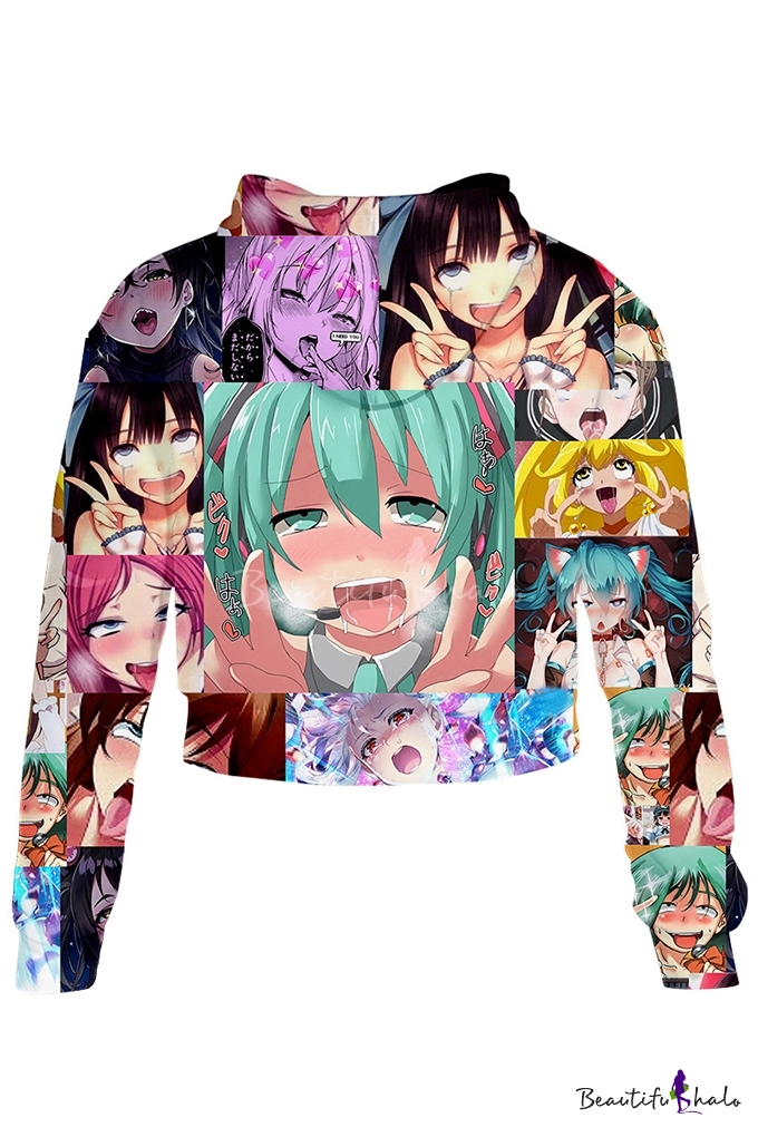 Popular Ahegao Cartoon Comic Manga Faces Pattern Long Sleeves Pullover Crop Hoodie 0274