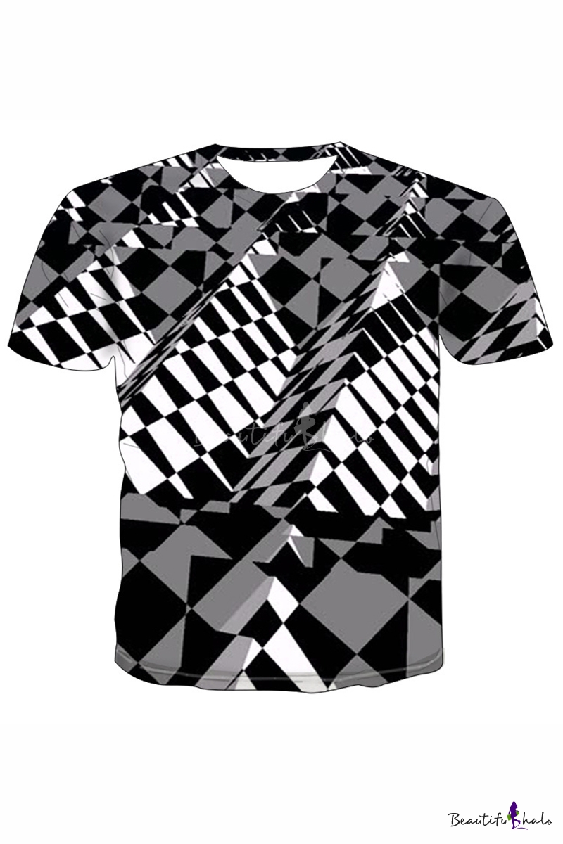 Randell 3D Printed T-Shirts Seaside View and Geometric Shapes Short Sleeve Tops Tees 