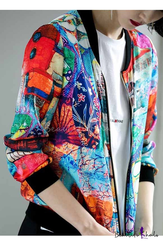 Colorful Graffiti Archive Print Stand Up Collar Zipper Long Sleeve 