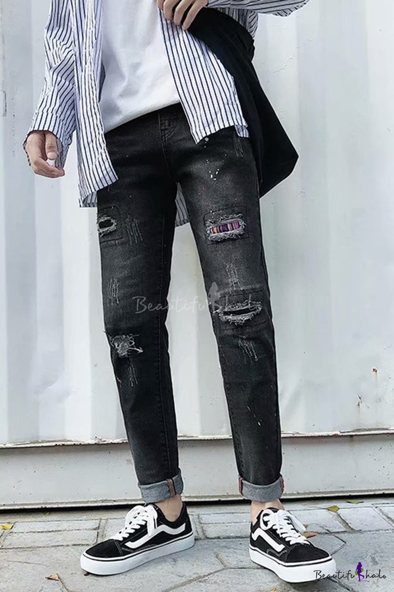 black ripped jeans mens straight leg