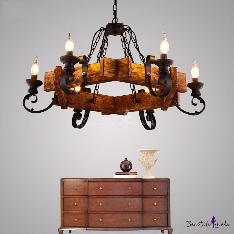 6 Light Candle Hanging Chandelier, Rustic Wood And Iron Chandelier