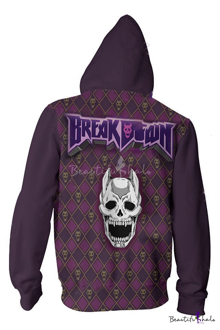 New Trendy Purple Skull Printed Long Sleeve Zip Up Hoodie 