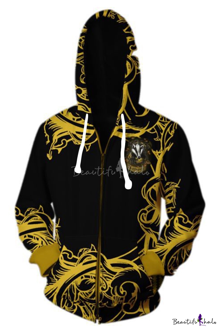 Popular Fashion Letter HUFFLEPUFF Animal 3D Printed Black and Yellow Long Sleeve Zip Up Hoodie 