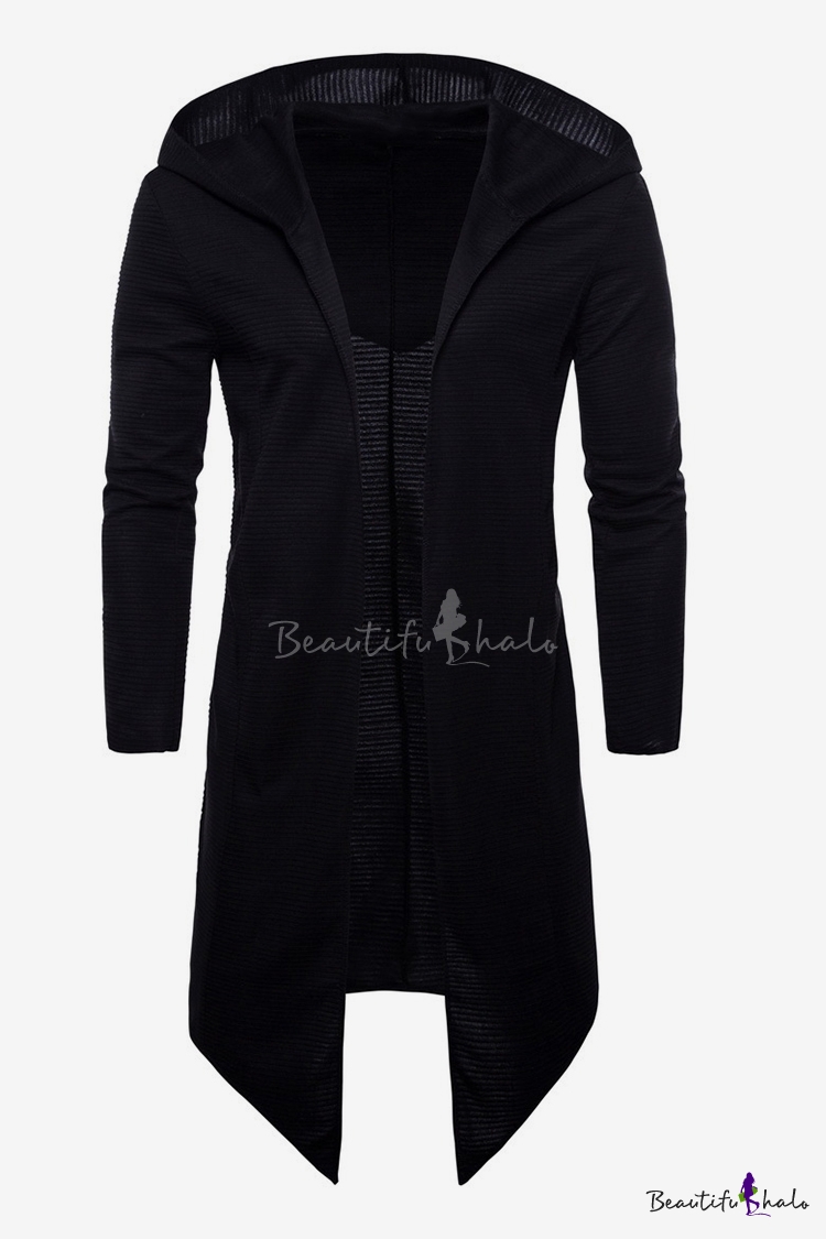 Mens Cool Black Solid Color Long Sleeve Cloak Cardigan Hoodie ...