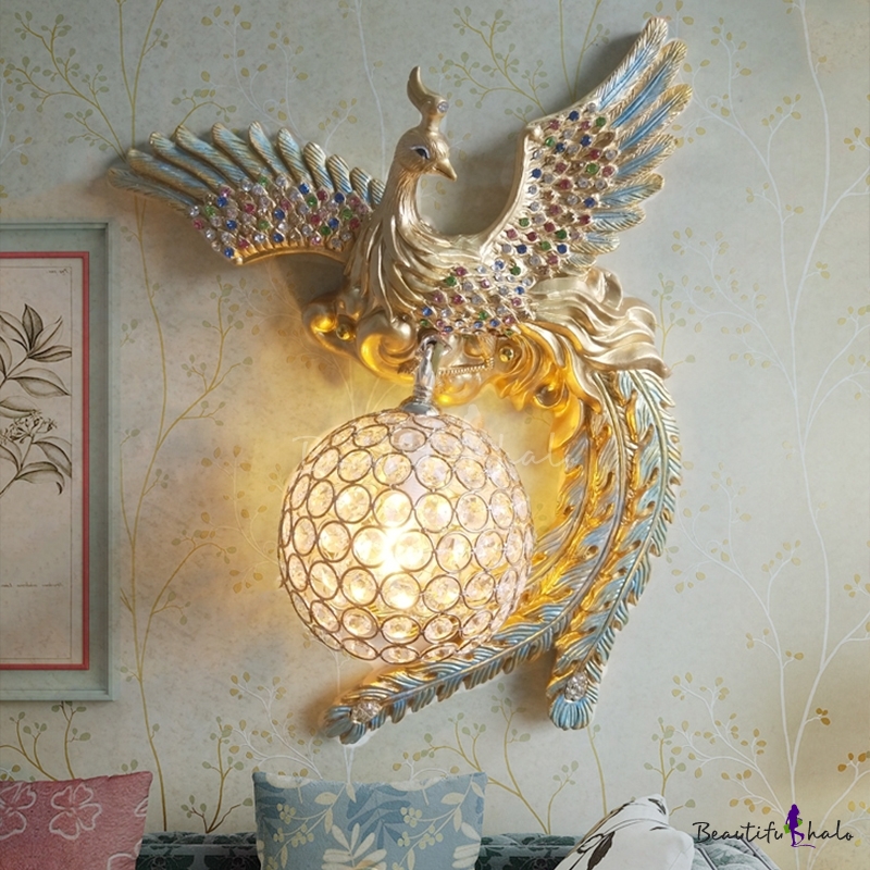 Loft Style Rightleft Peacock Wall Sconce Lamp With Orb Lampshade 1 Light Resin Indoor Wall Lamp 5910