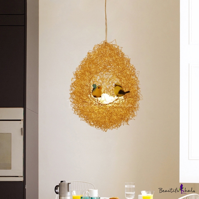 Modern Hanging Nest Pendant Light with Bird Metal 5 Lights Gold Ceiling ...