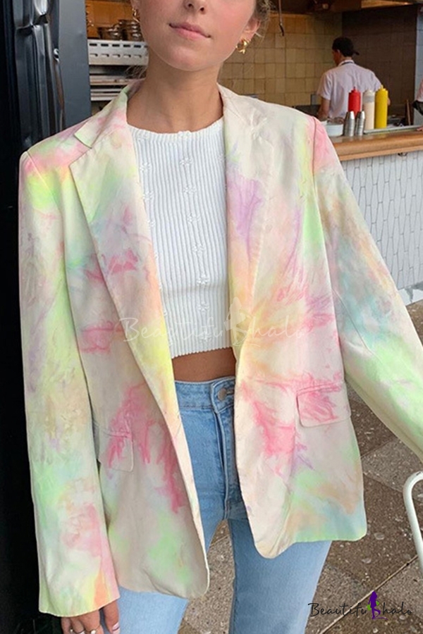 Womens Casual Pink and Green Tie Dye Long Sleeve Loose Blazer Coat ...