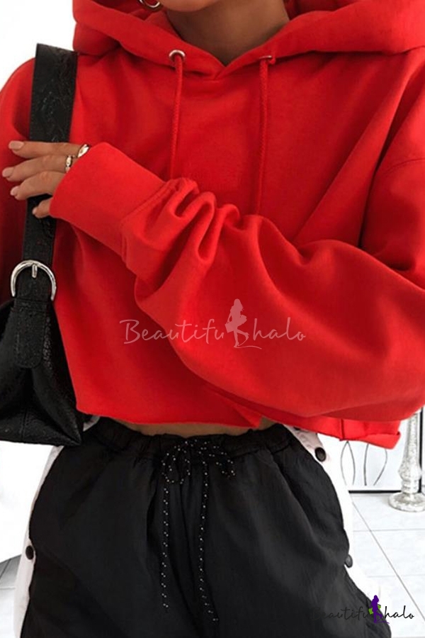 Street Style Red Solid Color Long Sleeve Loose Drawstring Cropped Hoodie For Women Beautifulhalo Com