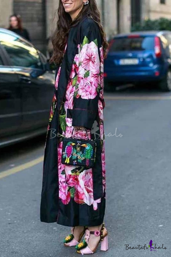 black floral trench coat