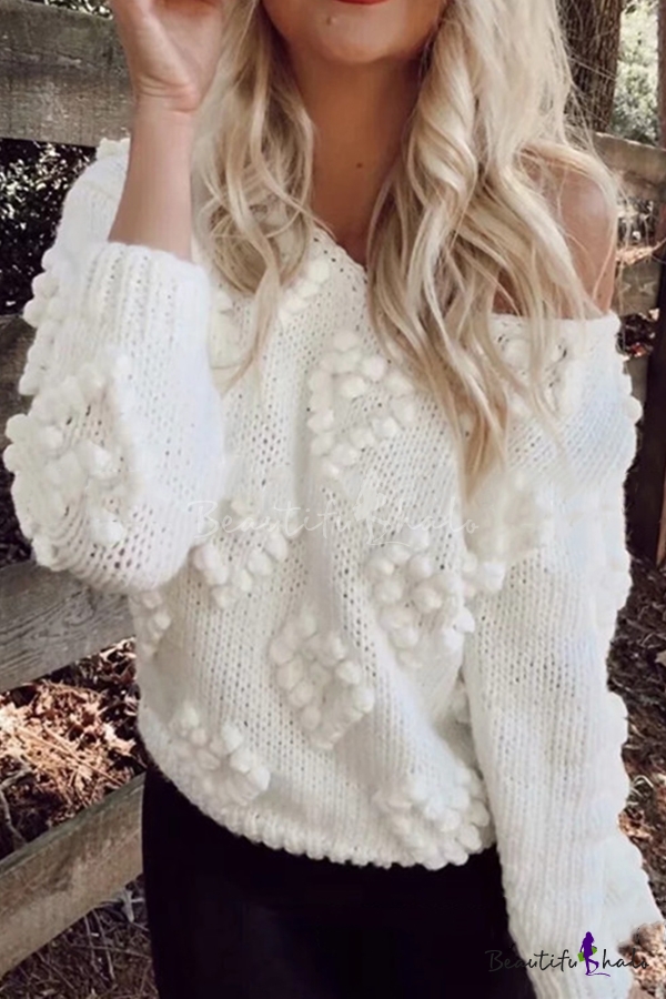 Women's Soft Heart Shape Pom Poms Hand Knit Plain Long Sleeve Loose Pullover  Sweater - Beautifulhalo.com