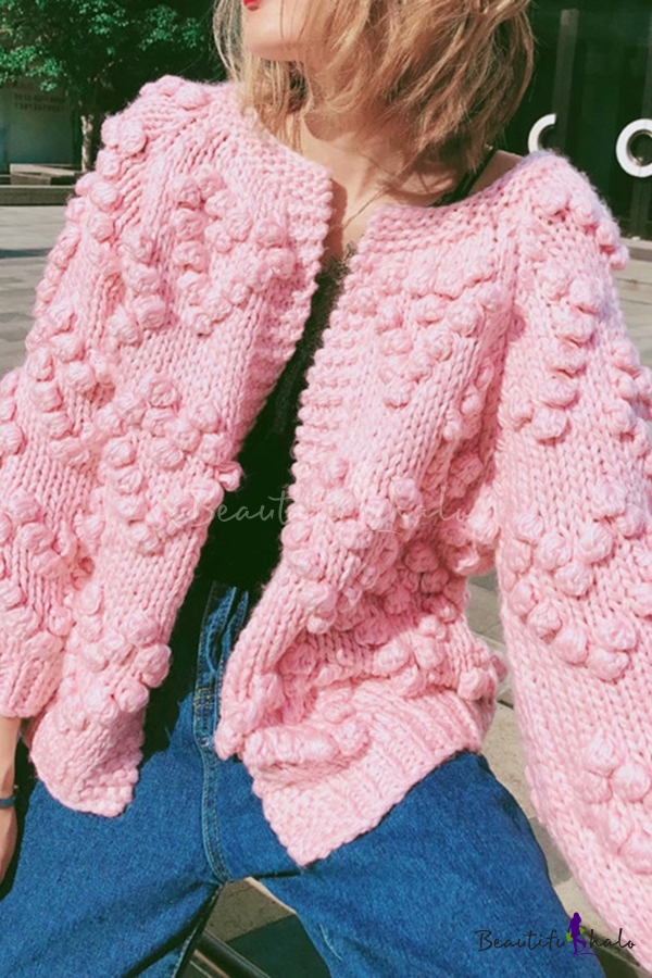 Womens Fashion Solid Color Pompom Heart Shaped Embellished Long Sleeve Open  Front Knit Cardigan Coat - Beautifulhalo.com