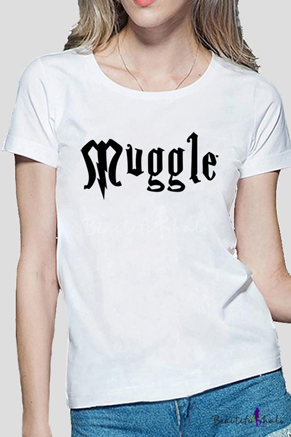 Cute Letter MUGGLE Printed Short Sleeve Round Neck Slim Fit  Casual Tee Top Women 