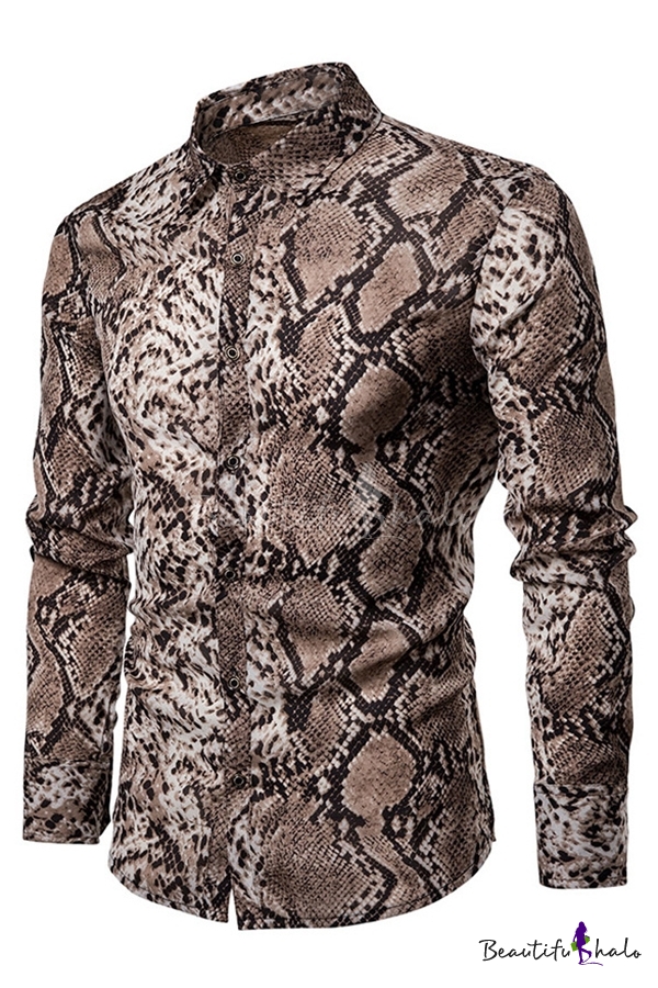 Mens New Stylish Snakeskin Pattern Long Sleeve Button Up Fitted Party