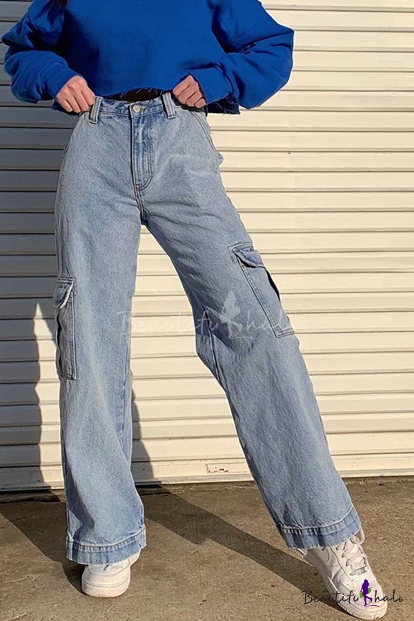 Street Trendy Girls' High Waist Utility Long Baggy Wide Jeans in Blue ...
