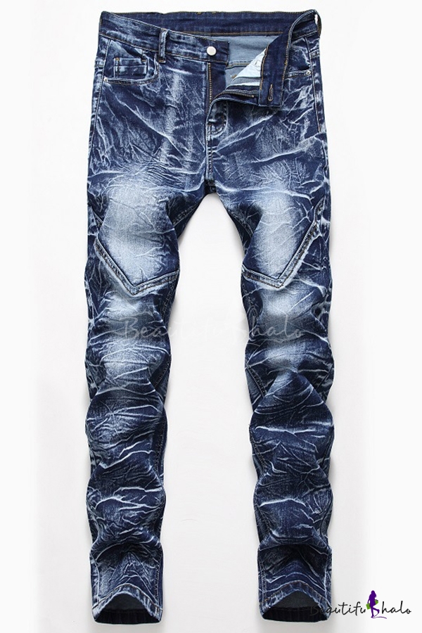 Metrosexual Men's Pleated Spliced Zip Fly Straight Jeans Faded Wash ...