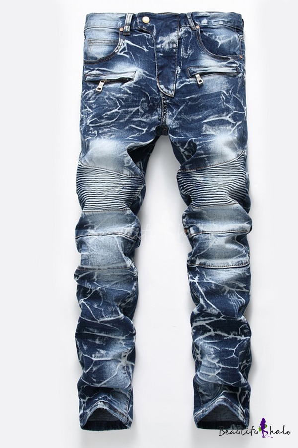 Metrosexual Men's Designer Zipper Fly Straight Jeans Pleated Crumple ...