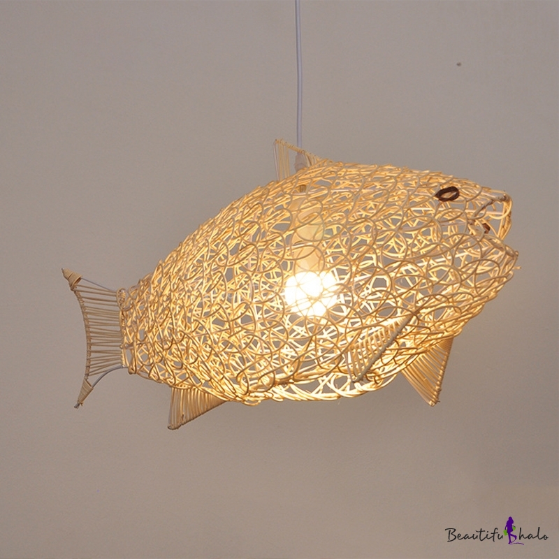 Woven Fish Hanging Light Rattan 1 Light Modern Style Pendant Lighting ...