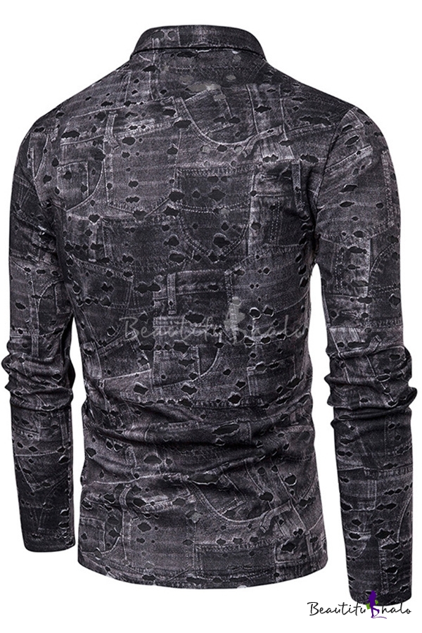 Vintage Abstract Print Long Sleeve Shredded Whole Colored Polo Shirt ...