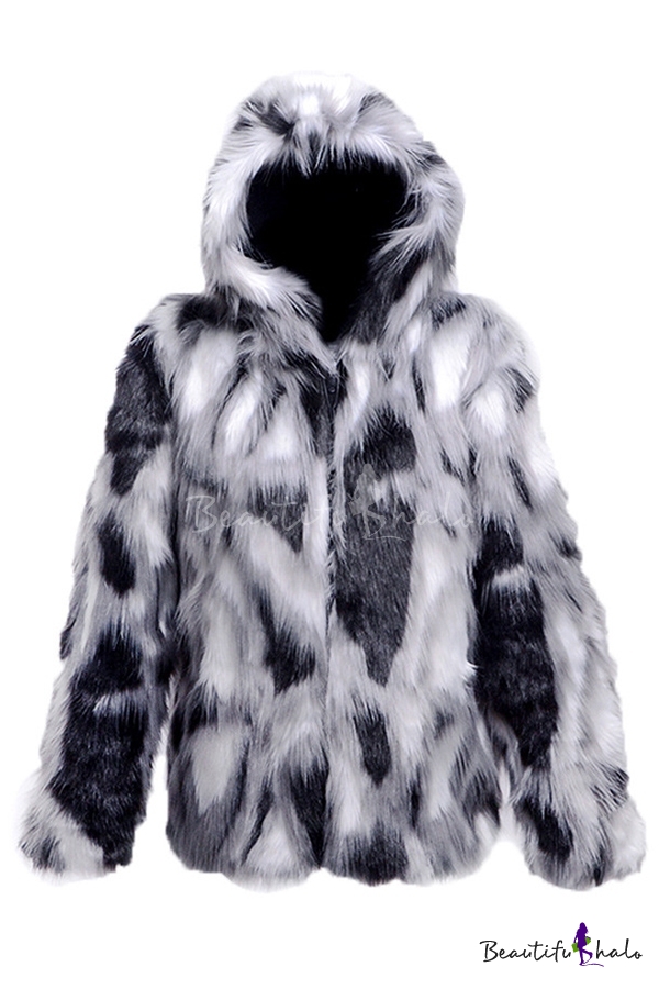 Faux Fur Fox Coat, White Fake Fur Coat Short Sleeve Black And